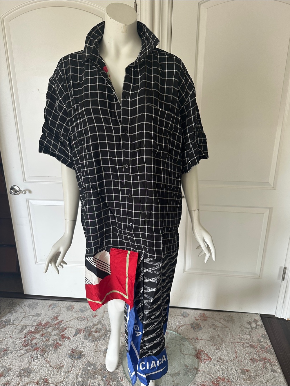 Balenciaga Black Grid Button-Up Dress with Red & Blue Panel